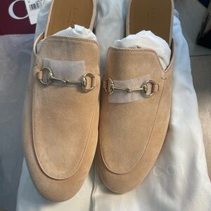 Gucci Tan Suede Mules with Gold Accent